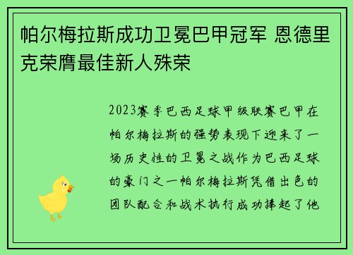 帕尔梅拉斯成功卫冕巴甲冠军 恩德里克荣膺最佳新人殊荣 帕尔梅拉斯成功卫冕巴甲冠军 恩德里克荣膺最佳新人殊荣